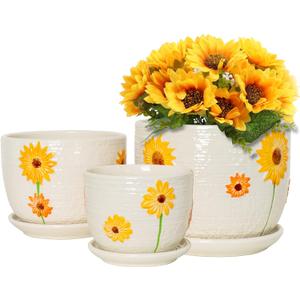 Ton Sin Plant Pots,Set of 3 Ceramic Sunflower Flower Pots for Indoor Plants,4+5+6 inch Pots with Drainage Hole Saucer,Garden Pots Catus Planters