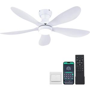 44 Inch Modern Flush Mount Ceiling Fan with Lights, Remote/APP Control, Low Profile, 5 Reversible Curved Blades, LED Lights 3 CCT Dimmable, 6 Speeds, White