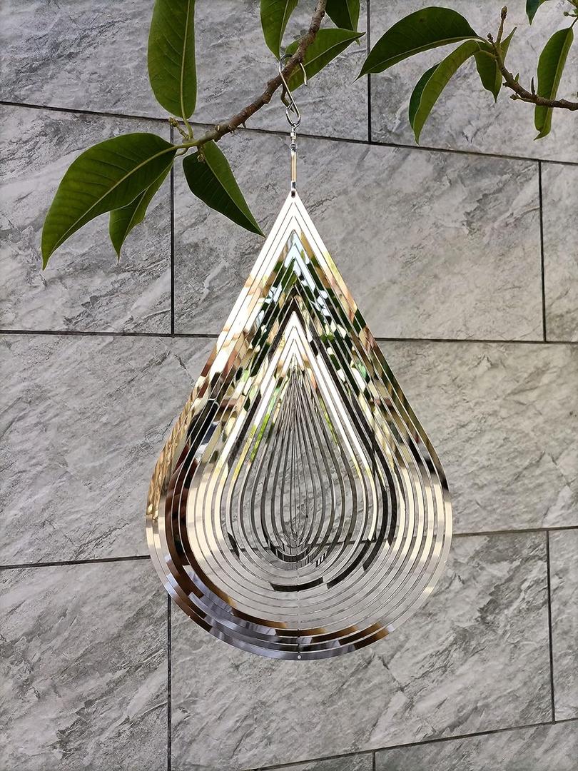 Wind Spinner Flowing-Light Effect Courtyard Decorations Made of Stainless Steel House Hanging Decoration 12x 8 Spinners with a 360 Rotating Hook (1 pc Water Drop-Silver)