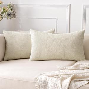 EMEMA Throw Pillow Covers 12x20 Inch Pack of 2 Soft Chenille Decorative Couch Pillow Covers Modern Solid Dyed Pillowcases Farmhouse Home Decor Cream(Only Covers)