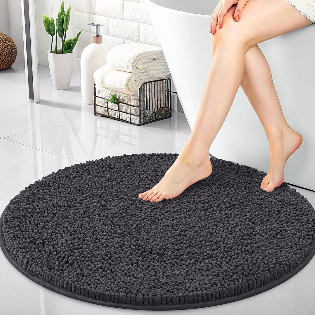 OLANLY 30-inch Round Bathroom Rugs, Extra Soft and Absorbent Chenille Bath Rugs, Quick Dry Machine Washable Bath Mats for Bathroom Floor, Tub and Shower, Home Decor Accessories, Dark Grey