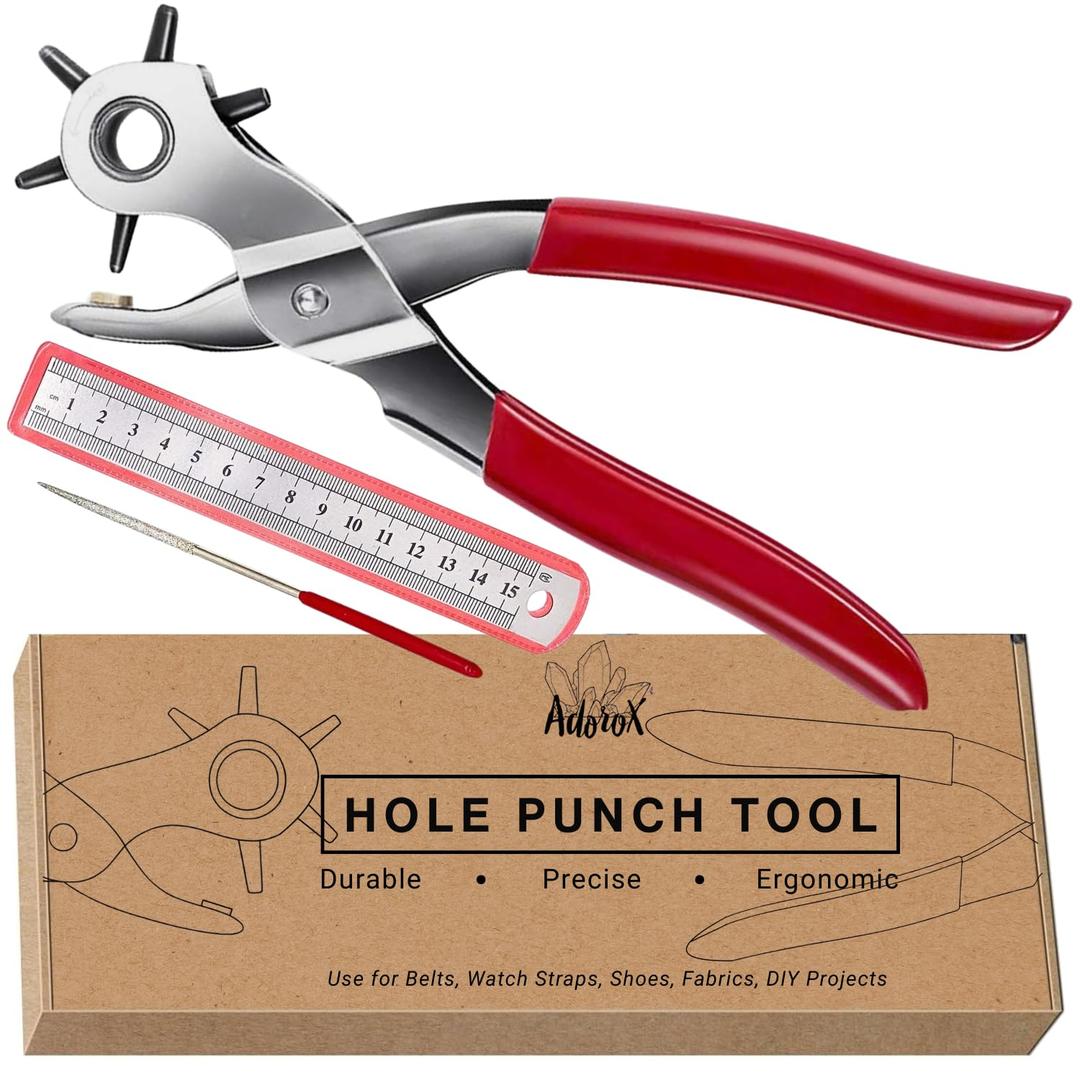 Adorox Heavy Duty Belt Hole Puncher for Leather  6 Size Revolving Leather Hole Punch Tool with Ruler & Deburring File, Perfect for Straps, Belts, DIY Leathercraft, and Repair (Red+Sliver)