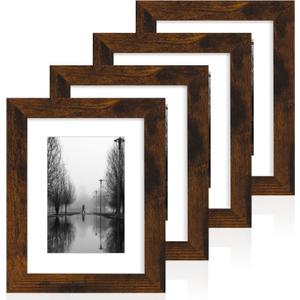 iRahmen 6x8 Picture Frame with Mat 4x6 - High Definition Real Glass Wooden Photo Frames for Tabletop Display and Wall Mounting (Dark Brown, Set of 4)