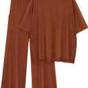 KIRUNDO 2 Piece Lounge Sets for Women Airport Travel Vacation Outfits Summer Casual Loose Short Sleeve Tops & Wide Leg Pants (Brown, L)