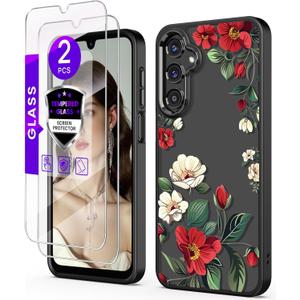 for Samsung Galaxy A16 5G Case+Tempered Glass Screen Protector,Military Grade Protective Slim Soft TPU + Hard PC,Girls Women Crystal Clear Flower Pattern Case Cover for Galaxy A16 5G-Black