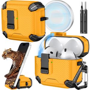 Inesore Compatible with AirPods 4th Case with Phone Stand & Cleaning Kit,Compatible with Magsafe,Magnetic Automatic Lock for Airpods 4 with Active Noise Cancellation Charging Cover (2024) Yellow