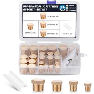 24 PCS Brass Hex Pipe Plug Fittings Kits 1/8" 1/4" 3/8" 1/2" NTP Brass Plug Male Threaded