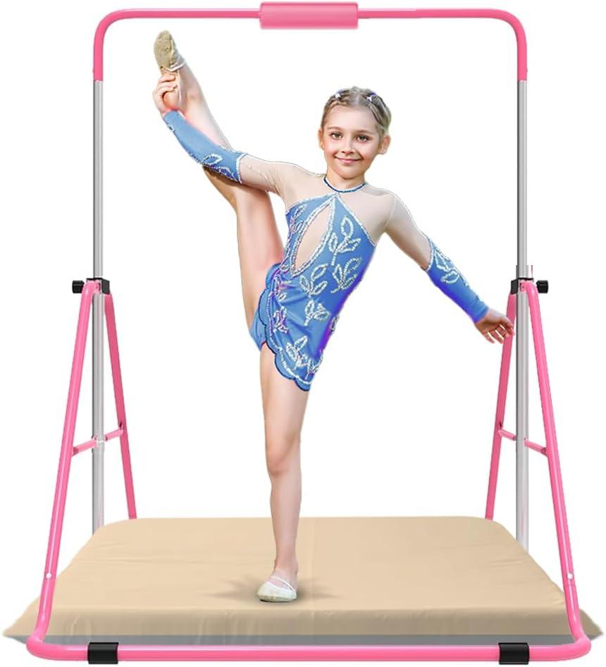 Gymnastics Bar with Self-Inflating Mat for Kids, Adjustable Height Gymnastic Horizontal Bars with Mat, Folding Gymnastic Training Monkey Bars, Junior Expandable Training Kip Bar for Home