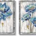 Blue Flower Wooden Artwork Framed: Bloom Wall Art Floral Painting Print for Dining Room (11''W x 16''H x 2 PCS, Multiple Sizes/Material)