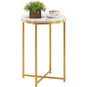 TECHMILLY Round End Table, Faux Marble Sofa Table, Accent Side Table with Metal Frame, Modern Gold Nightstand, Tall Coffee Table for Living Room, Bedroom