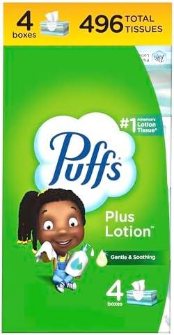 Puffs Plus Lotion Facial Tissues, 4 Family Boxes, 124 tissues per Box, Allergies and Colds