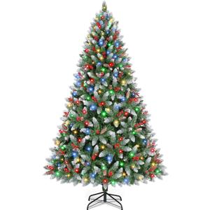 6.5 Ft Pre-Lit Artificial Christmas Tree with 400 Dual Color LED Lights & Timer - Snowy Spruce with 1100 Branch Tips & 60 Pine Cones & 60 Berries Indoor Outdoor Home Christmas Decorations