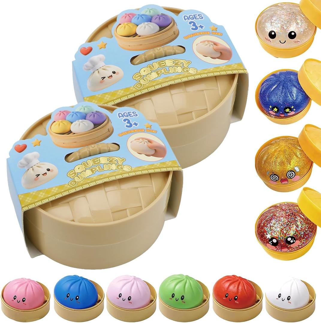Dumpling Squishy Mystery Box, Glitter Dumpling, Dumplings Style Stress Balls for Adults and Kids, Cute Steamer Basket Design with Squeezable Bun Stress Relief Fidget Toys (2 PCS)