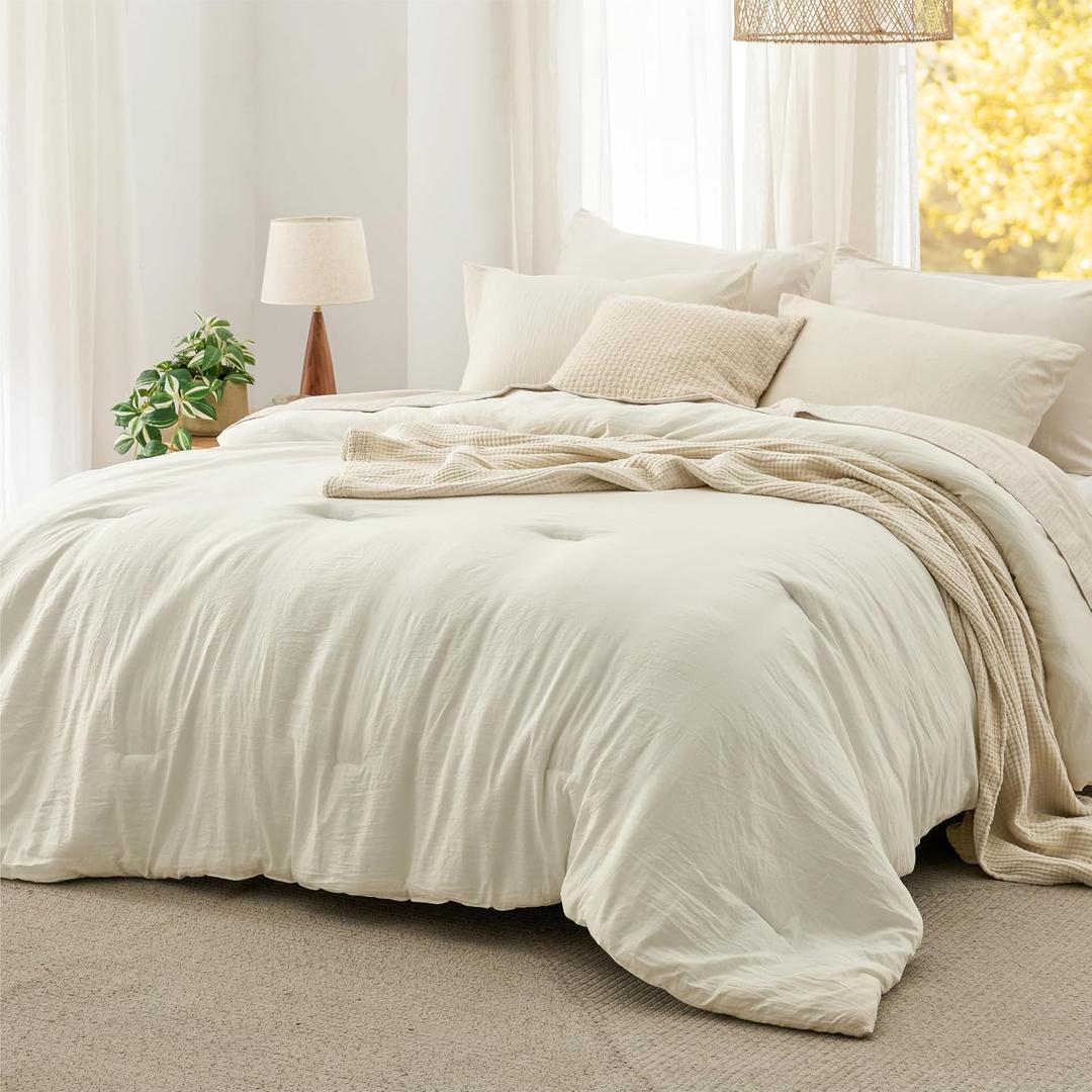 Bedsure Queen Comforter Set, Ivory Soft Prewashed Bedding for All Seasons, 3 Pieces GentleSoft Bed Set, 1 Lightweight Comforter (90"x90") and 2 Pillowcases (20"x26")