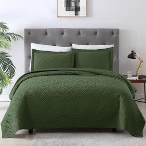 EXQ Home Quilt Set Full Quilts Queen Size Olive Green 3 Piece,Lightweight Soft Coverlet Modern Style Squares Pattern Bedspread Set(1 Quilt,2 Pillow Shams)