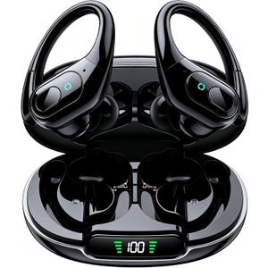 occiam Active Noise Cancelling Earbuds Wireless Bluetooth Headphones Ear Buds 90Hrs Playback Stereo Bass Earphones with Mic Over-Ear Hooks IPX7 Waterproof Headset for Work Sports Running Glossy Black