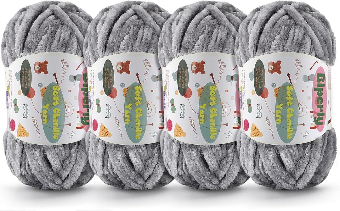 4 Skeins Fluffy Chenille Yarn for Crocheting - Chunky Velvet Yarn for Scarves Shawls, Baby Blankets, Hats Plush Toys, Plush Yarns Each Skein 49.2yd, 3.5oz (Dark Gray)