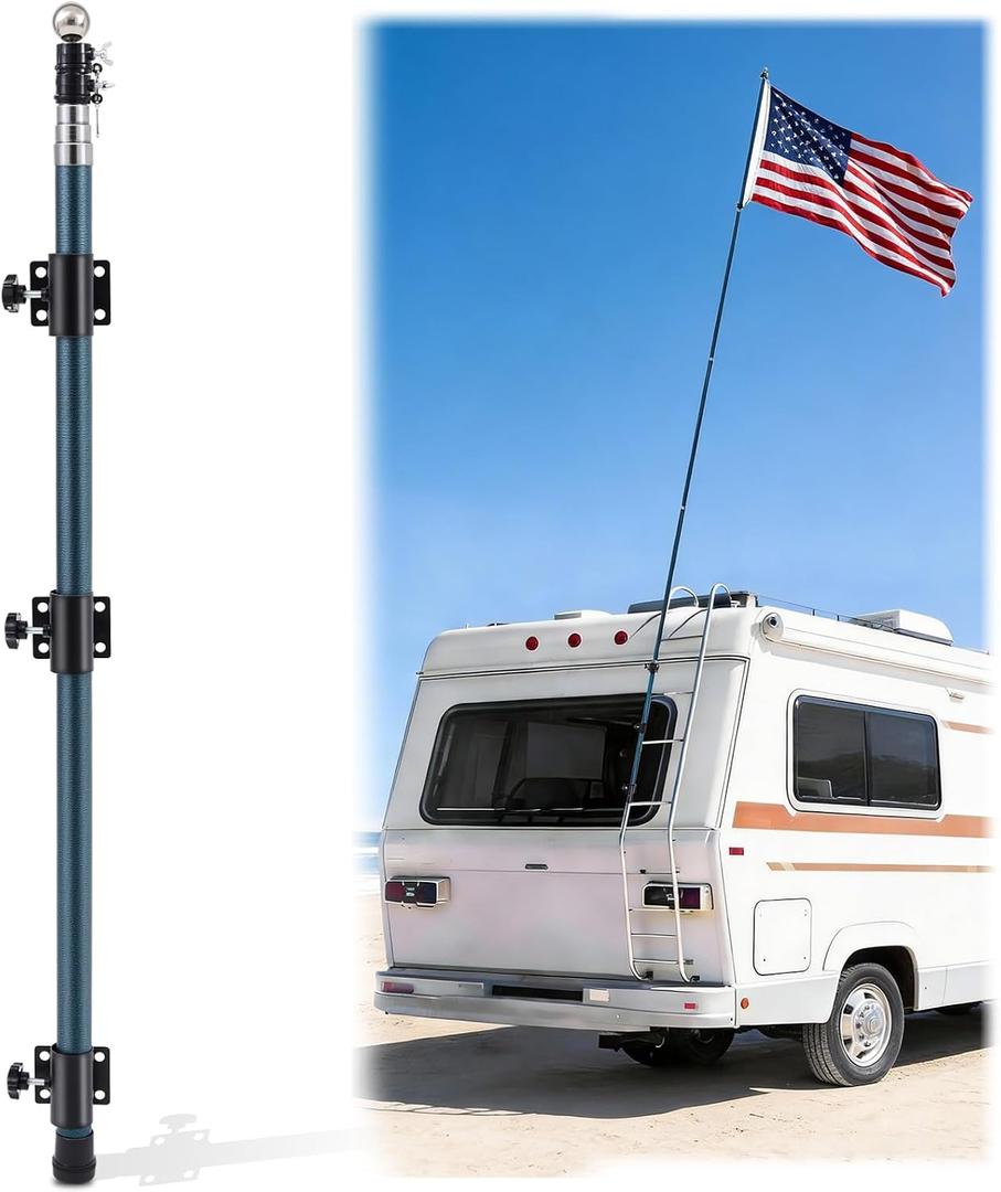 14 ft RV Telescoping Flag Pole Kit, Fiberglass Ladder Telescopic Flag Pole Adjustable Heavy Duty Portable Flagpole for Tailgate Party, Camping, Trailer, Camper, Outdoor Patriotic Display