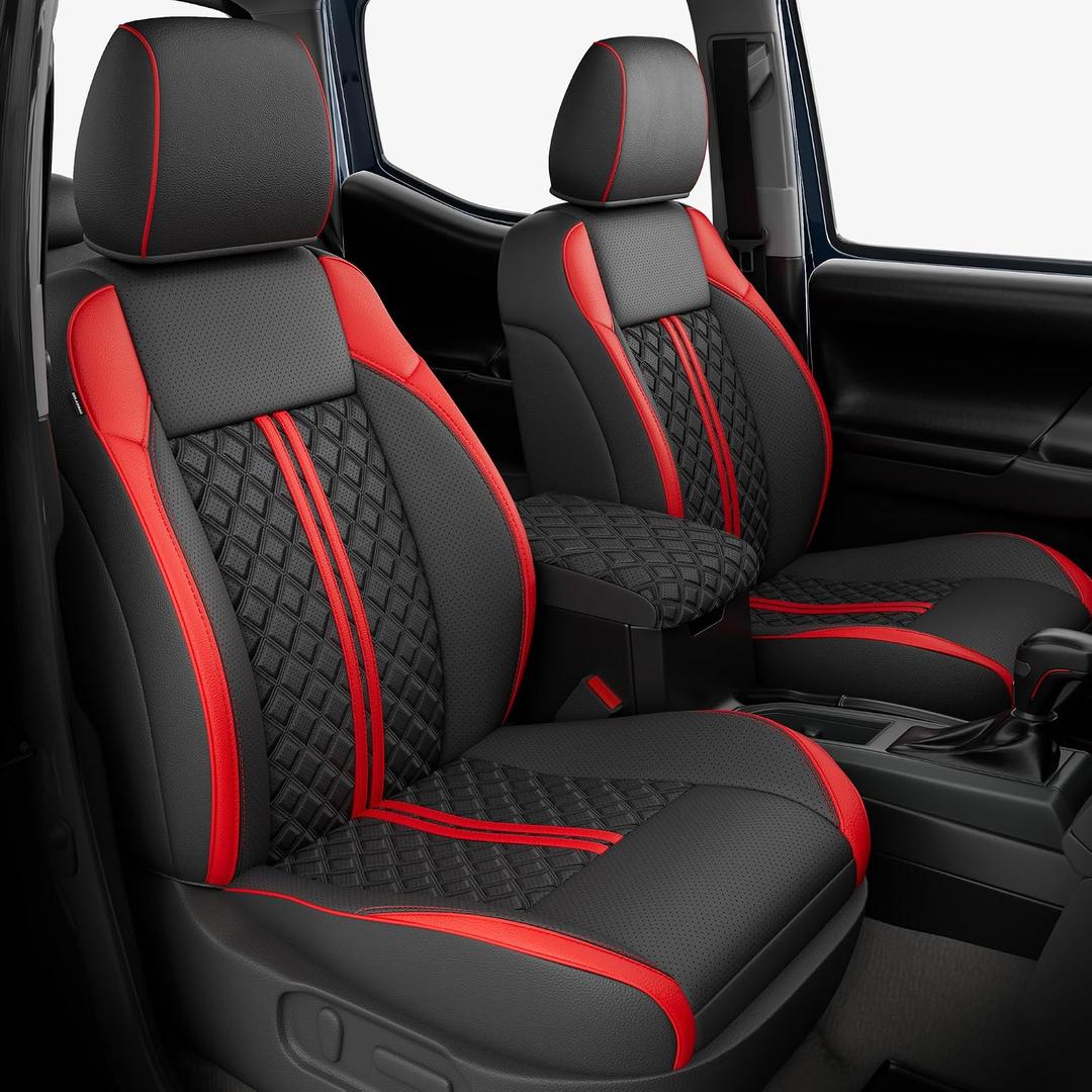 Custom Seat Covers for Tacoma 2016-2023 3rd Gen Double Cab SR5/TRD Off-Road/SR/TRD Sport/TRD PRO Full Set with Console Covers, Waterproof Leather Back and Front Seat Protectors Black Red