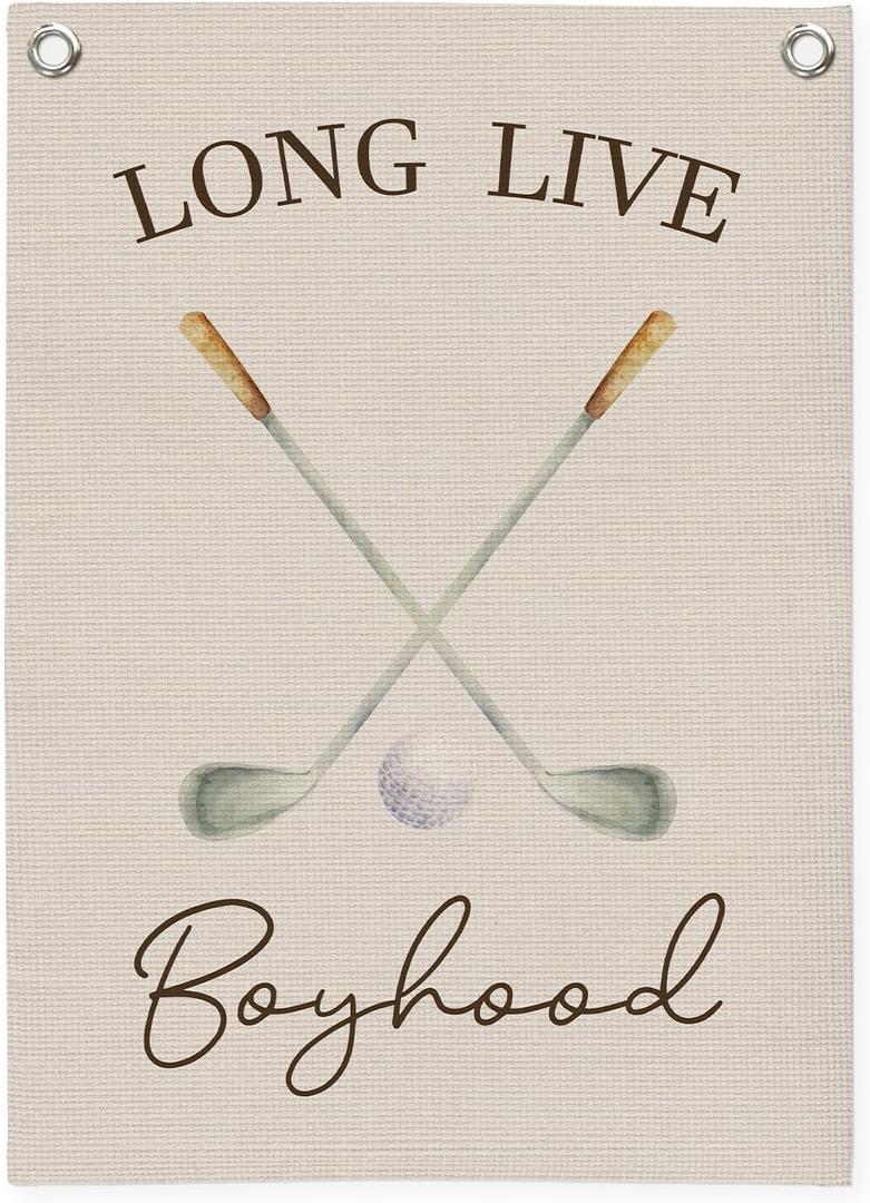 Dilemat Long Live Boyhood Canvas Banner Wall Hanging, Golf Nursery Decor,Vintage Sport Nursery Wall Decor Hanging Banner Flag for Kids Boys Toddler Room Bedroom Playroom, 18X25 Inch (white-Boyhood Baseball)