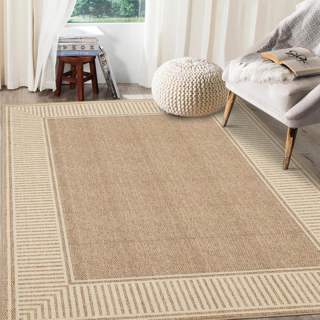 GarveeHome Living Room Area Rug 8x10 Modern Striped Border Throw Carpet with Rubber Backing Low Pile Stain Resistant Dining Room Rug Contemporary Bordered Carpet for Home Office, Khaki