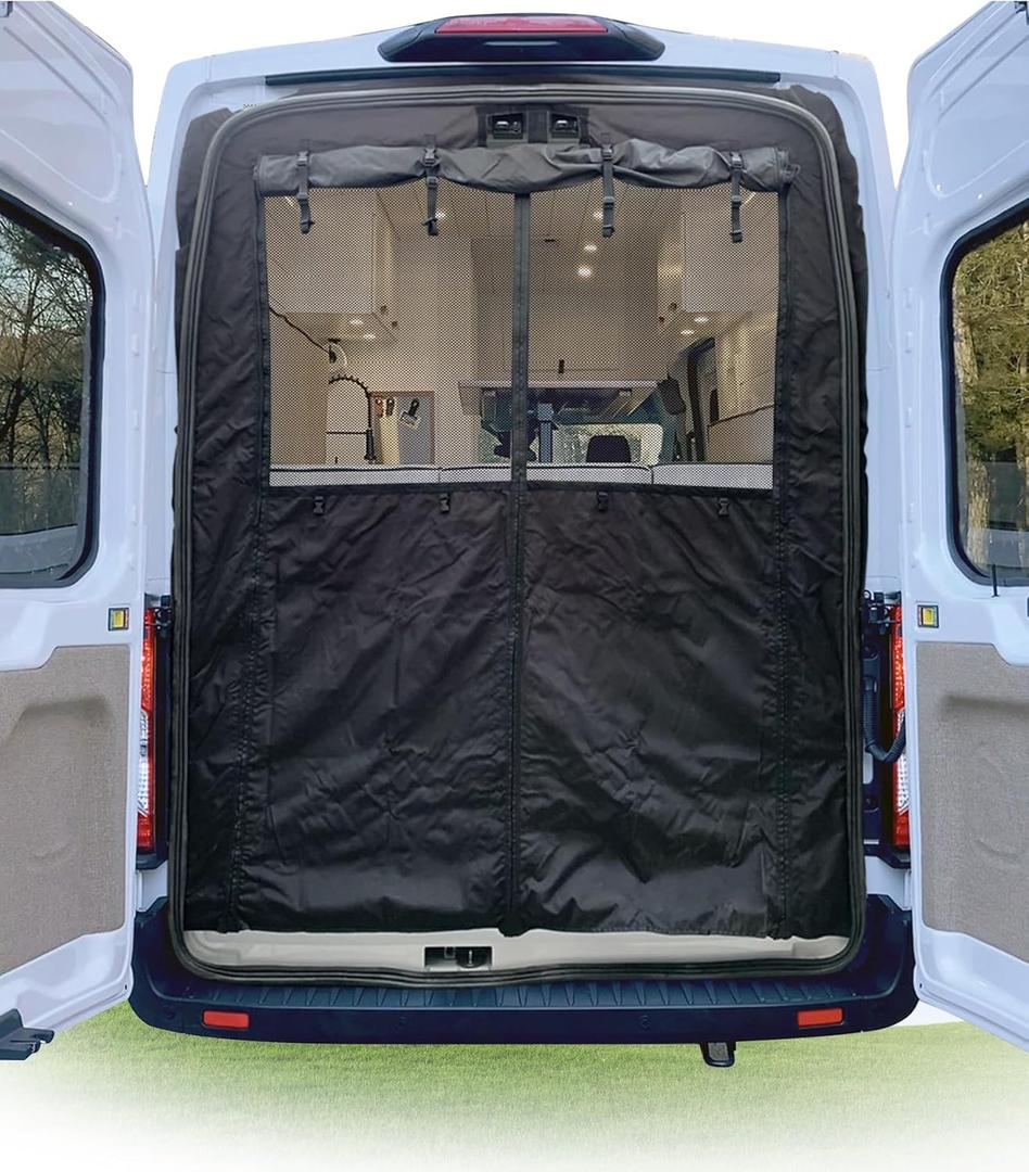 Van Bug Screen with Privacy Panel Fit for Ford Transit 150 250 350 2015-2025 High Roof Rear Door Mosquito Net Campervans Flyscreen Mesh, Center Magnetic Closure