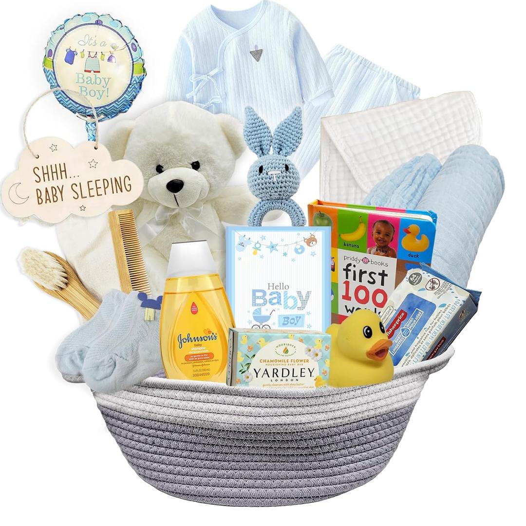 New Baby Boy Gift Basket | Unique Gift Set for a New MOM Light Blue Baby Gift Set. Welcome Baby Care Package All w/Newborn Essentials Bundle for Expecting Moms Baby Shower, After Labor Gift