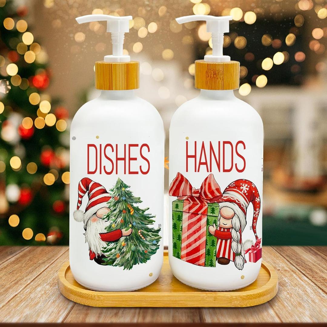 Hexagram Christmas Soap Dispenser Set of 2, Christmas Kitchen Decor, Xmas Gnomes Glass Soap Dispenser for Home Indoor Decorations, Xmas Refillable Lotion Essential Oil Dispensers with Pump