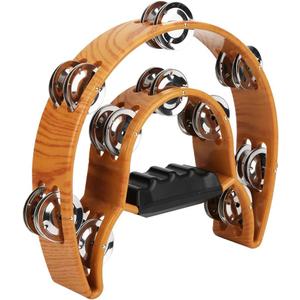 Double Row Jingles, Half Moon Musical Tambourine Double Row Handbell Tambourine Metal Jingles with Ergonomic Grip Percussion Instrument for KTV Party Church, Imitation Wood Color