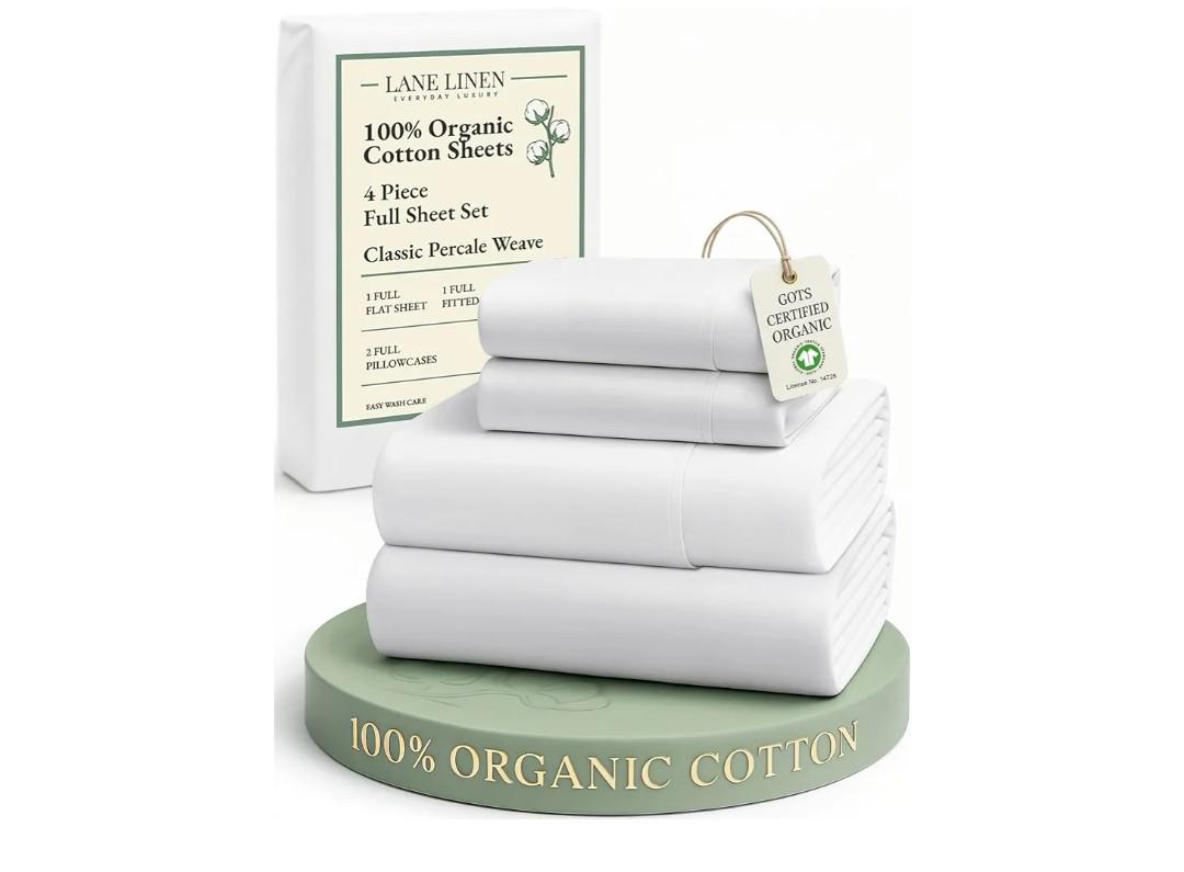 LANE LINEN 100% Organic Mercerized Cotton Pre Washed Full Size Bed Sheets, Soft & Comfy Low Pill Fade Resistance Fully Elasticized Oeko Tex Certified 15" Deep Pocket Full Sheet Set - White