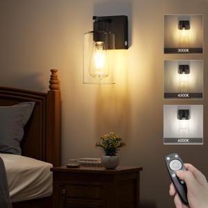 Battery Operated Wall Sconce with Remote Wall Light Rechargeable Wireless Cordless Led Glass Wall Lamp Indoor with 3 Color Temperature Dimmable E26 Edison Bulbs for Bedroom Bathroom Hallway Black (1 Pack)