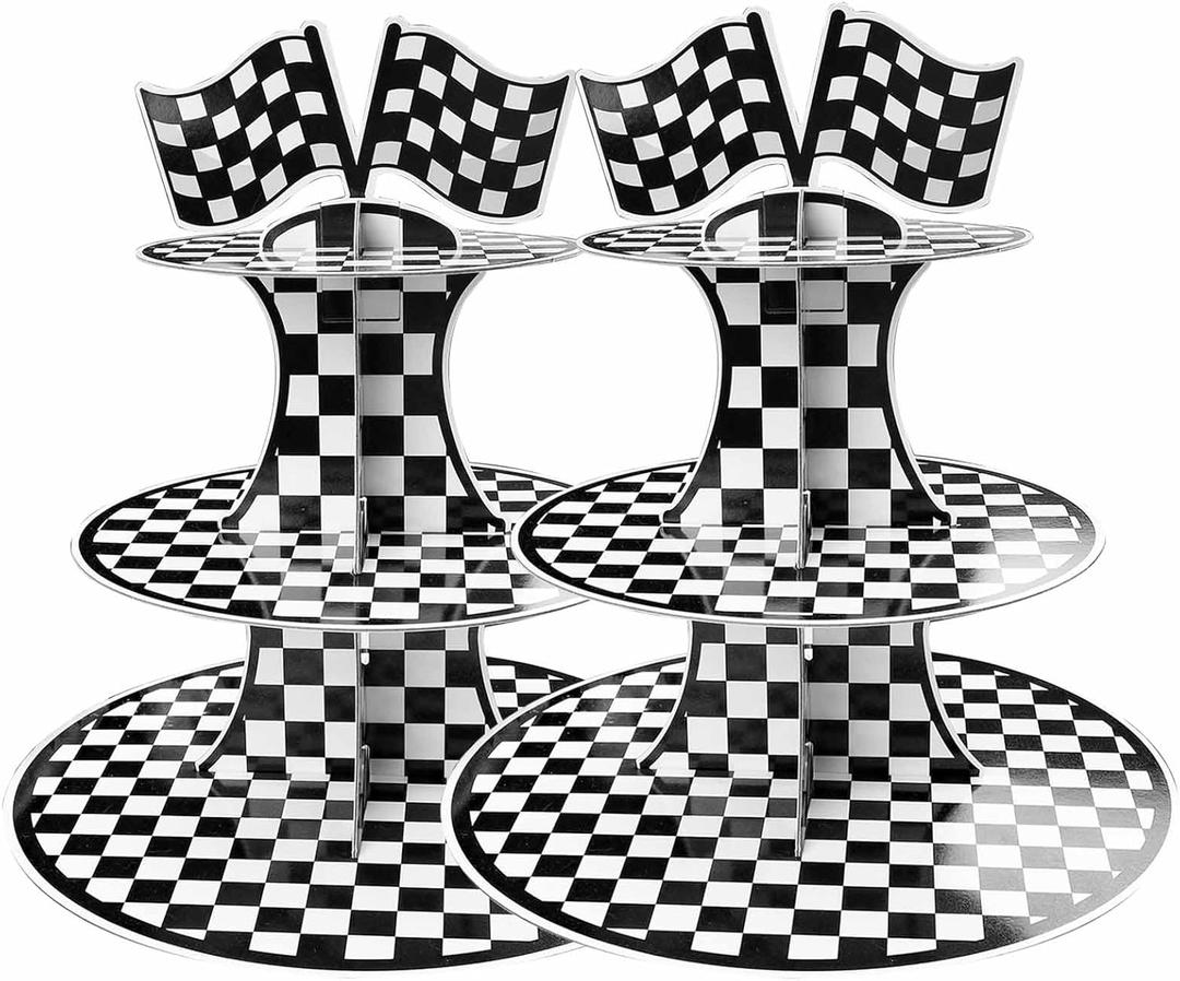 2 Pcs Race Car Party Favors 3-Tier Cupcake Holder, Two Fast Birthday Decorations Cupcake Stand for 24 Cupcakes, Kids Boys Black and White Checkered Flag Cars Theme Party Supplies