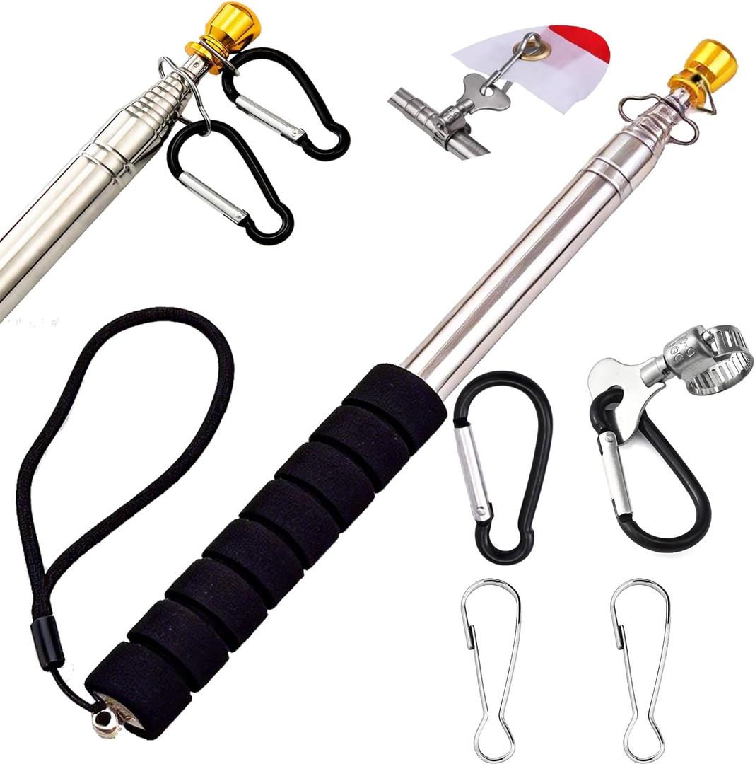 6.56FT Portable Handheld Flag Pole for Carrying Stainless Steel Telescopic Tour Guide Lightweight Extendable Pointer with Anti-Slip Grip with 4 Clips Stainless Steel Flag Pole Ring for 3x5 Flag