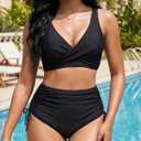 Women's High Waisted Two Piece Swimsuit Twist Front Bikini Sets | Tummy Control, 2 Piece, Push Up, Removable Pads, Wireless, Lace-up Back, Beachwear, Summer Holiday Outfits (Black, S)
