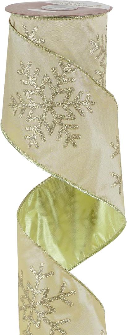 MEEDEE 4 Inch Champagne Gold Snowflake Ribbon Satin Wired Christmas Tree Ribbon with Champagne Glitter Snowflake 10 Yards Champagne Gold Ribbons for Christmas Tree, Garlands, Topper Bow