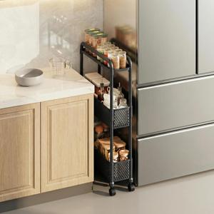 Slim Storage Cart, Plastic Kitchen Gap Storage, Multi-Layer Organizer with 360 Swivel Wheels for Kitchen Bathroom (Black,3 Tier)
