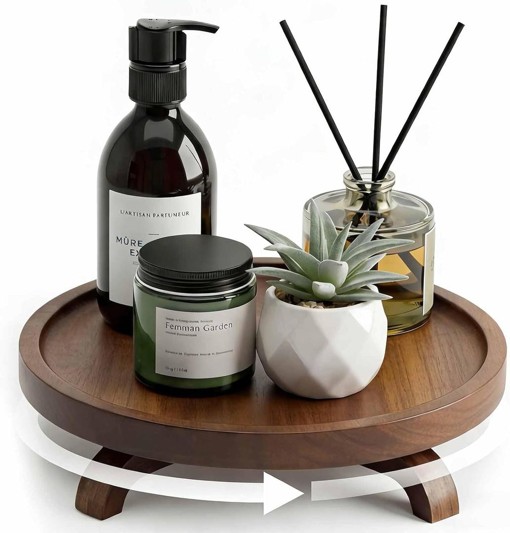 10" Solid Wood Lazy Susan Turntable Organizer for Cabinet, Pantry, Kitchen Countertop - Farmhouse Style with Raised Feet & Water-Resistant Coating, Rustic Bathroom Vanity Tray and Dining Table Decor