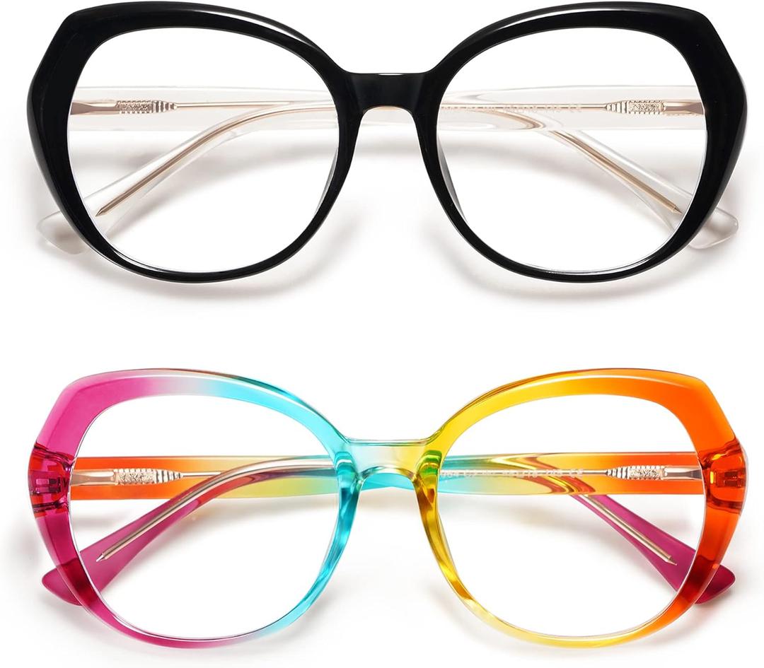 AMOMOMA Classic Round Reading Glasses for Women,Fashion Blue Light Blocking Womens Readers AM6064 (C1.black+c2.rainbow)