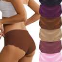 Women's Seamless Underwear Stretch No Show Panties Invisible Scalloped Edge Briefs 6 Pack (Medium, Dark Grey/Dark Purple/Brown//Light Red/Khaki/Pink)