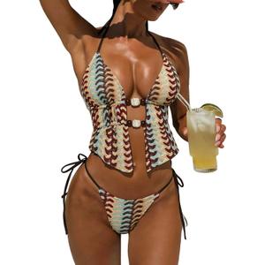 ZAFUL Halter Swimsuits for Women Textured Backless 2 Piece Bathing Suits Cheeky High Cut String Tie Side Bikini Sets (Small, 2-mix Color)