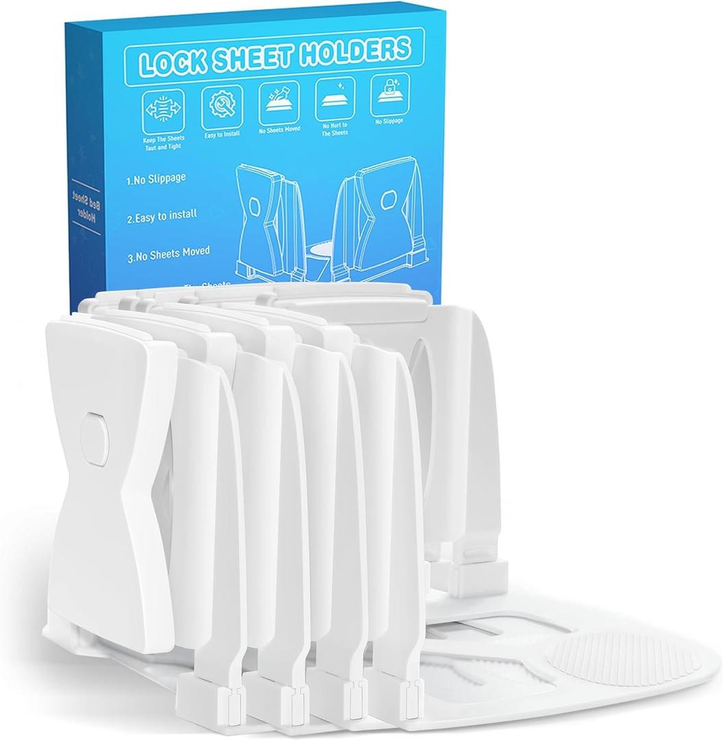 Fitted Sheet Holders for Corners Upgrade Bed Sheet Grippers Dual-Side Lock Design, 4Pcs Bed Sheet Holders for Corners Heavy Duty Sheet Clips Fitted All Mattress Sizes, Lock Sheet Holders Keep Firm