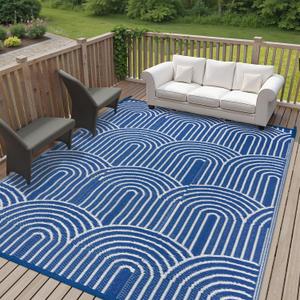 Anidaroel Rainbow Patio Rugs Outdoor 8X10 Waterproof, Reversible Camping Rug for Outside RV, Portable Plastic Straw Outdoor Area Rug for Backyard, Garden, Pool Deck (Navy Blue,8X10')