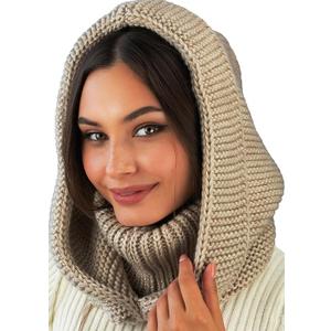 Knit Hooded Scarf for Women - Wool Balaclava Hood Detachable with Neck Gaiter - Hat Scarf Combo