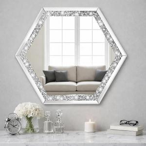 Vercraft 24 Inch Crystal Crush Diamond Sparkly Hexagon Silver Mirror for Wall Decoration Wall Hang Frameless Bling Stylish Gorgeous Glam Decorative Mirror for Bathroom, Entryway, Home Decor