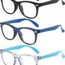 FANNYGO 3 Pack Kid Blue Light Glasses For Kids Girls Boys Computer Blue Light Kids Glasses Clear Glasses Age 3-9 (Black + Dark blue + Light blue)