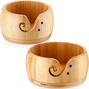 Wenqik 2 Pieces Wooden Yarn Bowl 5.9'' x 3'' and 6.7'' x 3'' Knitting Yarn Bowl with Holes Crocheting Accessories Kit Organizer for DIY Handmade Christmas, (Light Wood Color)