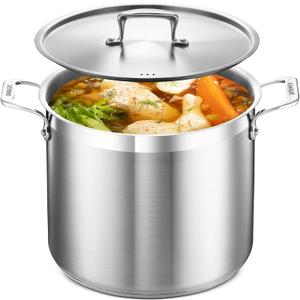 Stockpot  12 Quart  Brushed Stainless Steel  Heavy Duty Induction Pot with Lid and Riveted Handles  For Soup, Seafood, Stock, Canning and for Catering for Large Groups and Events by BAKKEN