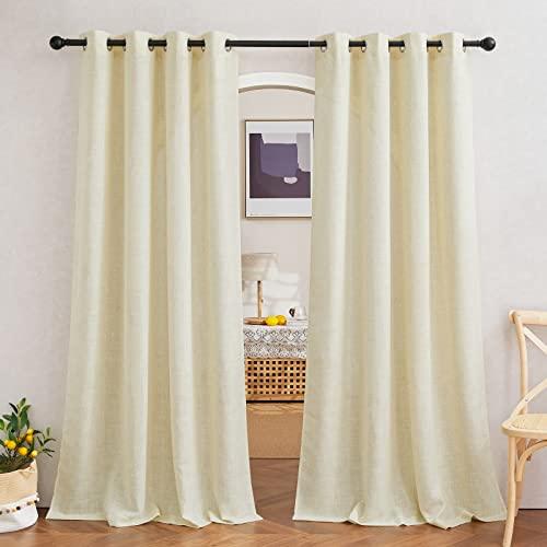 Linen Curtains 63 inch Long for Living Room, Grommet Semi Sheer Curtains Flax Linen Blend Privacy Added with Light Filtering Drapes for Farmhouse, Butter, W52 x L63, 2 Panels