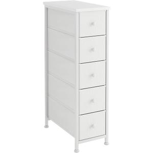 Narrow Dresser, 19" Wide Narrow Nightstand Dresser Storage Tower with 5 Drawers, Slim Fabric Dressers Chest of Drawers for Small Spaces, Wood Top & Fabric Bins for Bedroom Bathroom Closet (White)