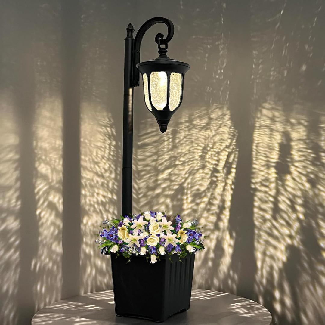 Solar Lamp Post Light with Planter, Outdoor Solar Lights with Crackle Glass, Matte Black Outdoor Flower Pots, 2 in 1 Solar Post Lights Waterproof for Porch Garden Patio